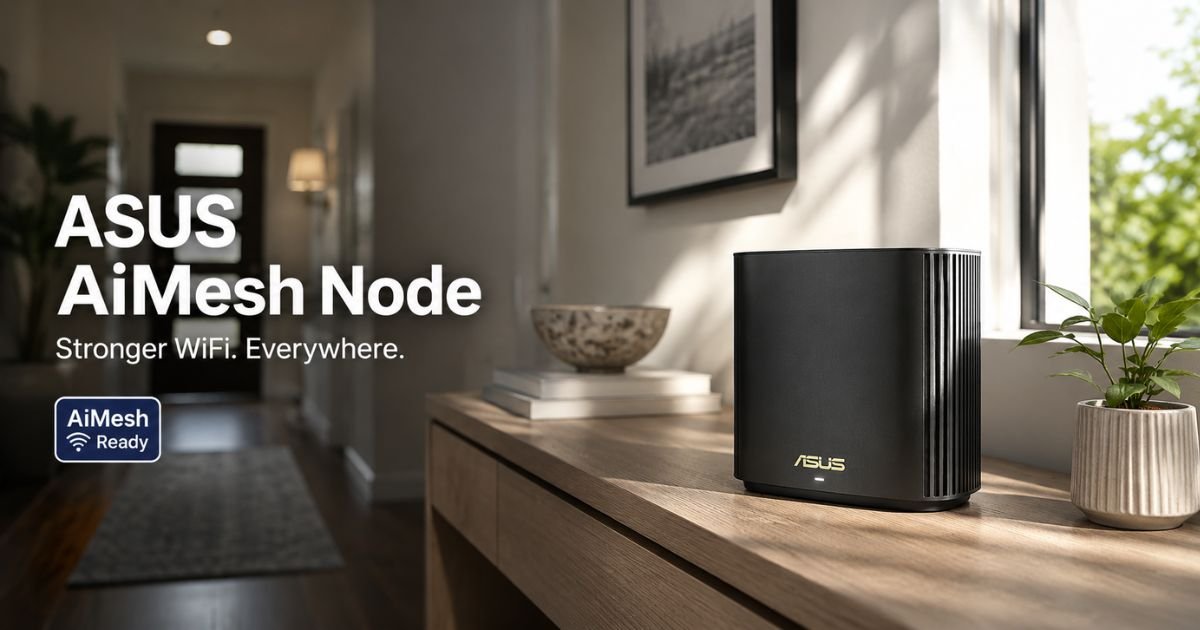 An Asus AiMesh node sitting on a modern hallway table with light coming from a nearby window