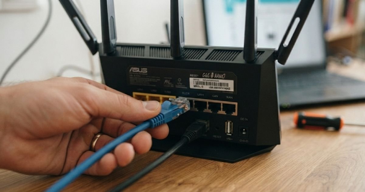 Close-up of a hand plugging a blue Cat6 Ethernet cable into the back of a modern WiFi router